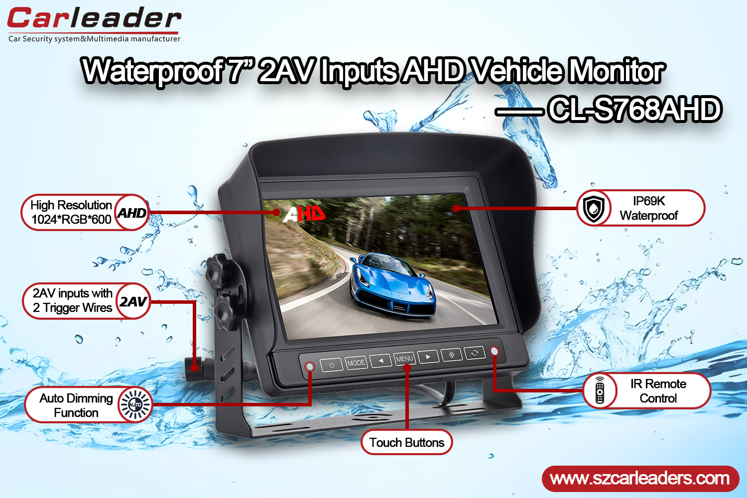 7 Inch AHD IP69K Waterproof Car Monitor