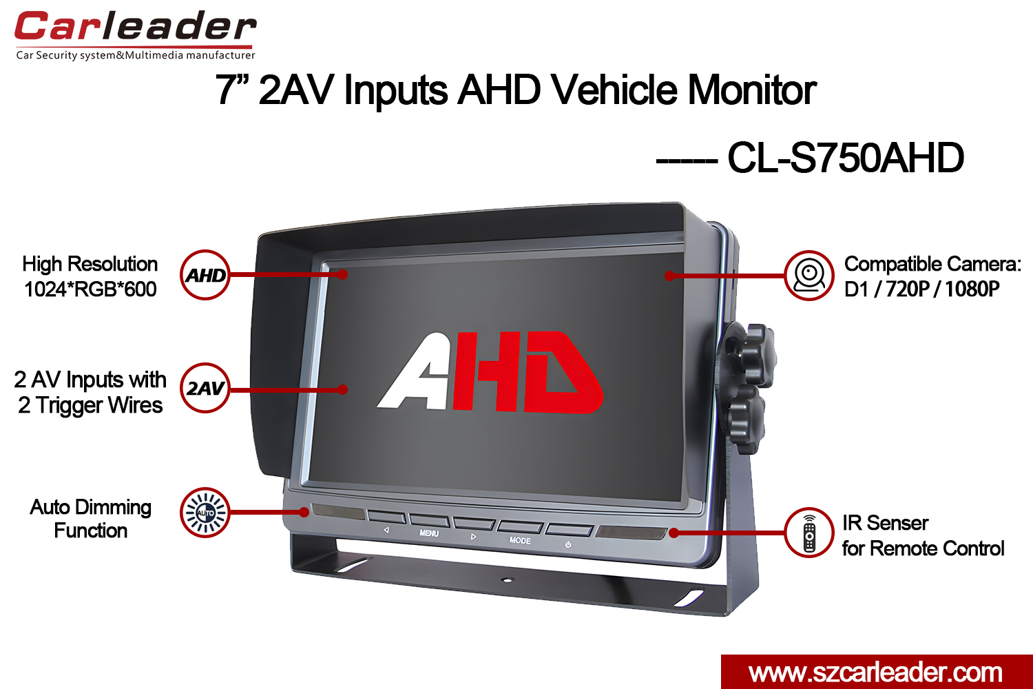 7 inch TFT LCD Car Tergo View AHD Monitor